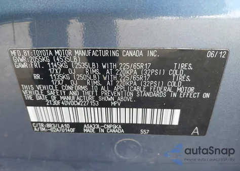 2012 Toyota Rav4 Limited z USA, uszkodzony, nr VIN 2T3DF4DV0CW227153